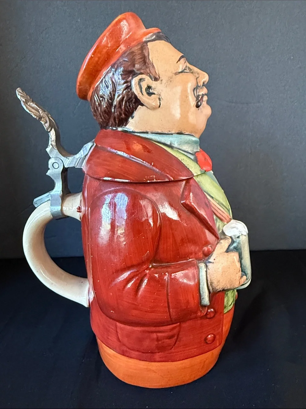 West Germany Figural Character Beer Stein Train Conductor Man Smoking A Cigar.
